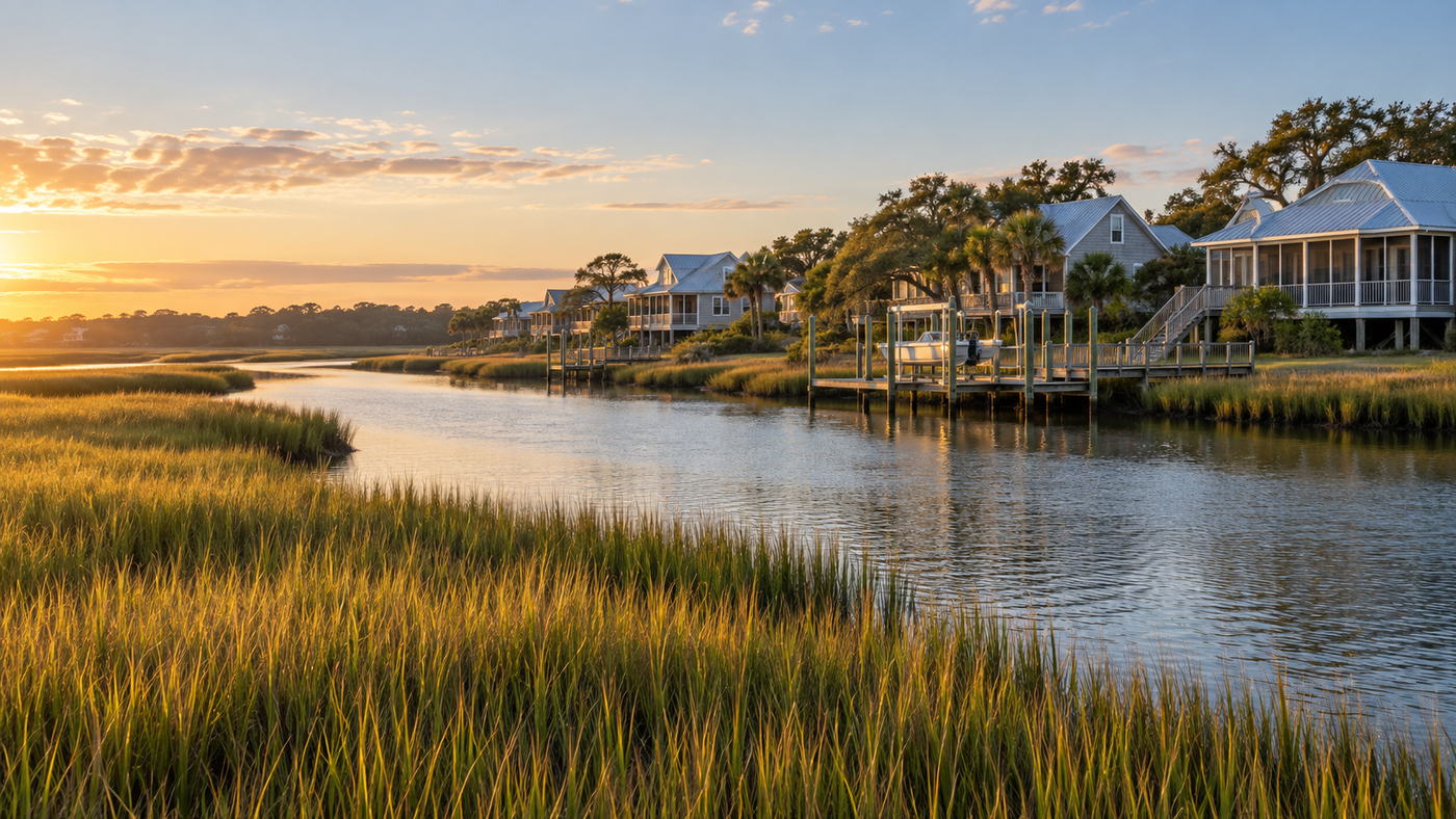 Salt marsh and a tidal creek at sunrise with raised cottages and a dock along the far bank