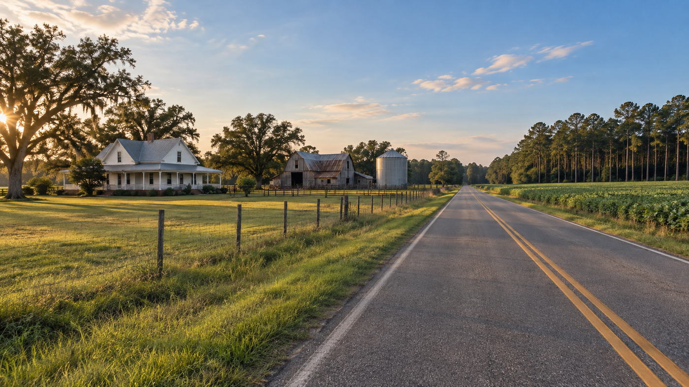 A farmhouse, barn and grain bin beside a two lane road running through Pee Dee farm country