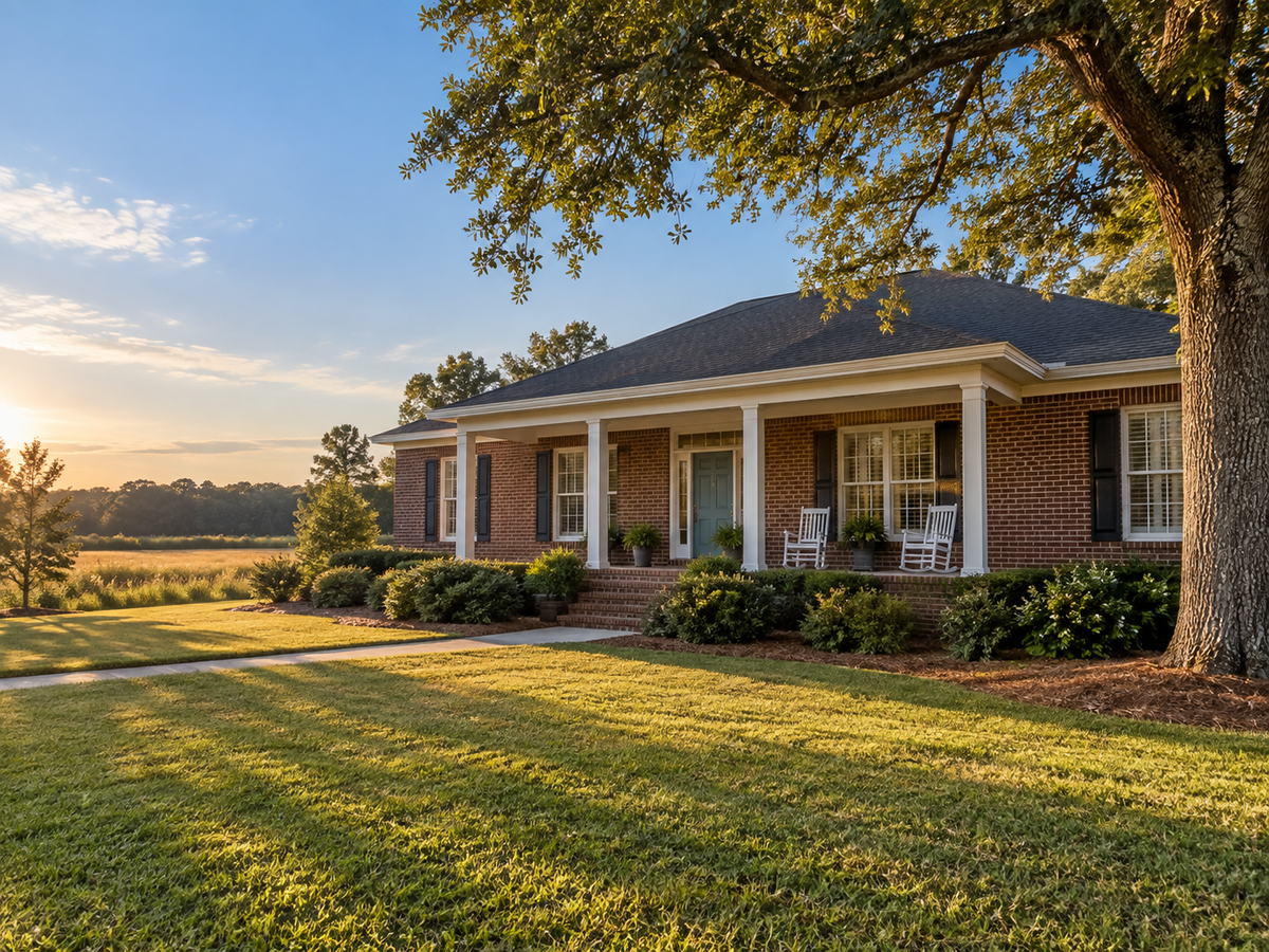 A brick ranch home with a covered front porch and rocking chairs at golden hour in South Carolina