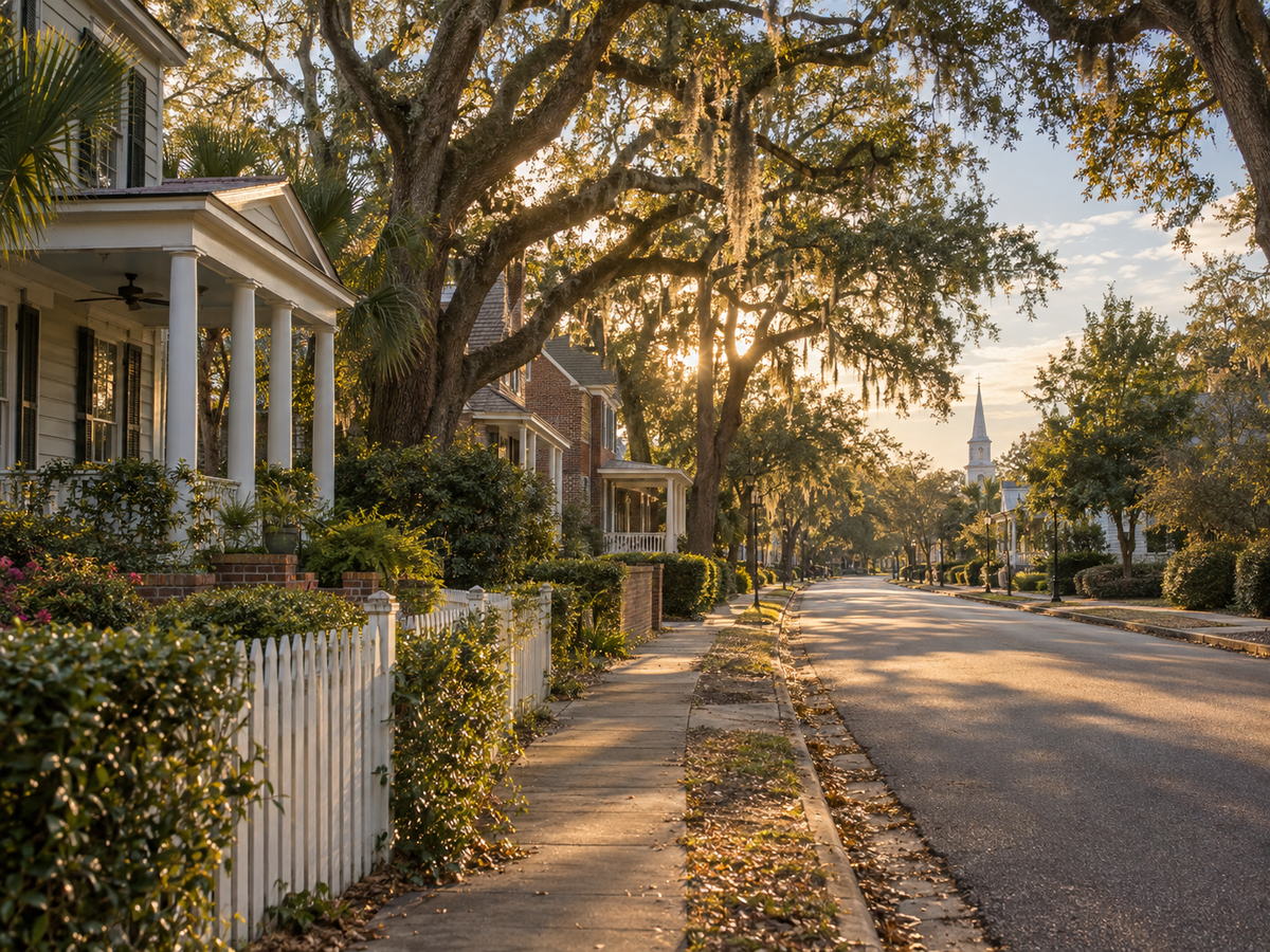 A quiet South Carolina town street under live oaks, with front porches and a church steeple in the distance